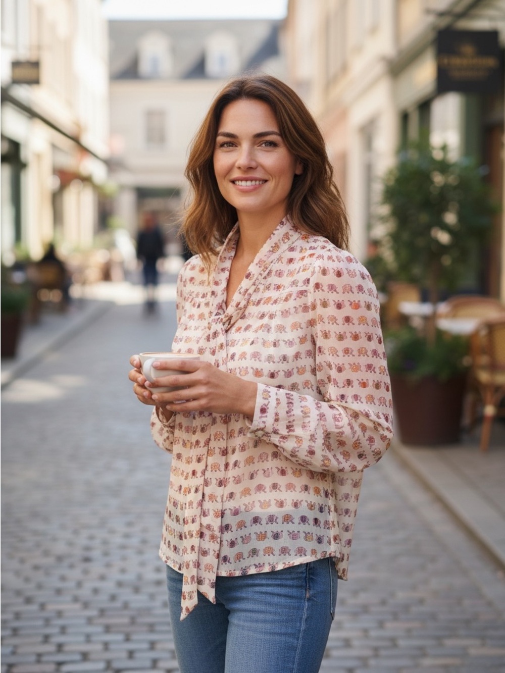 Skies Are Blue Elephant Print Tie-Neck Blouse